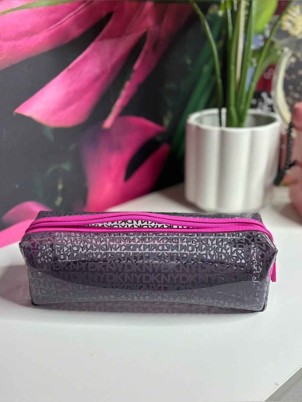 Women’s Pink Accent Gray DKNY Logo Cosmetic Pouch
